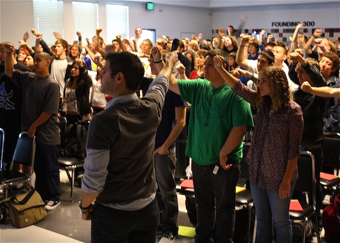 Seniors and senior teachers pledge to "finish strong" at the Senior Hero Project Kickoff assembly in Spirito Hall. Credit: Jillian Lopez/The Foothill Dragon Press.